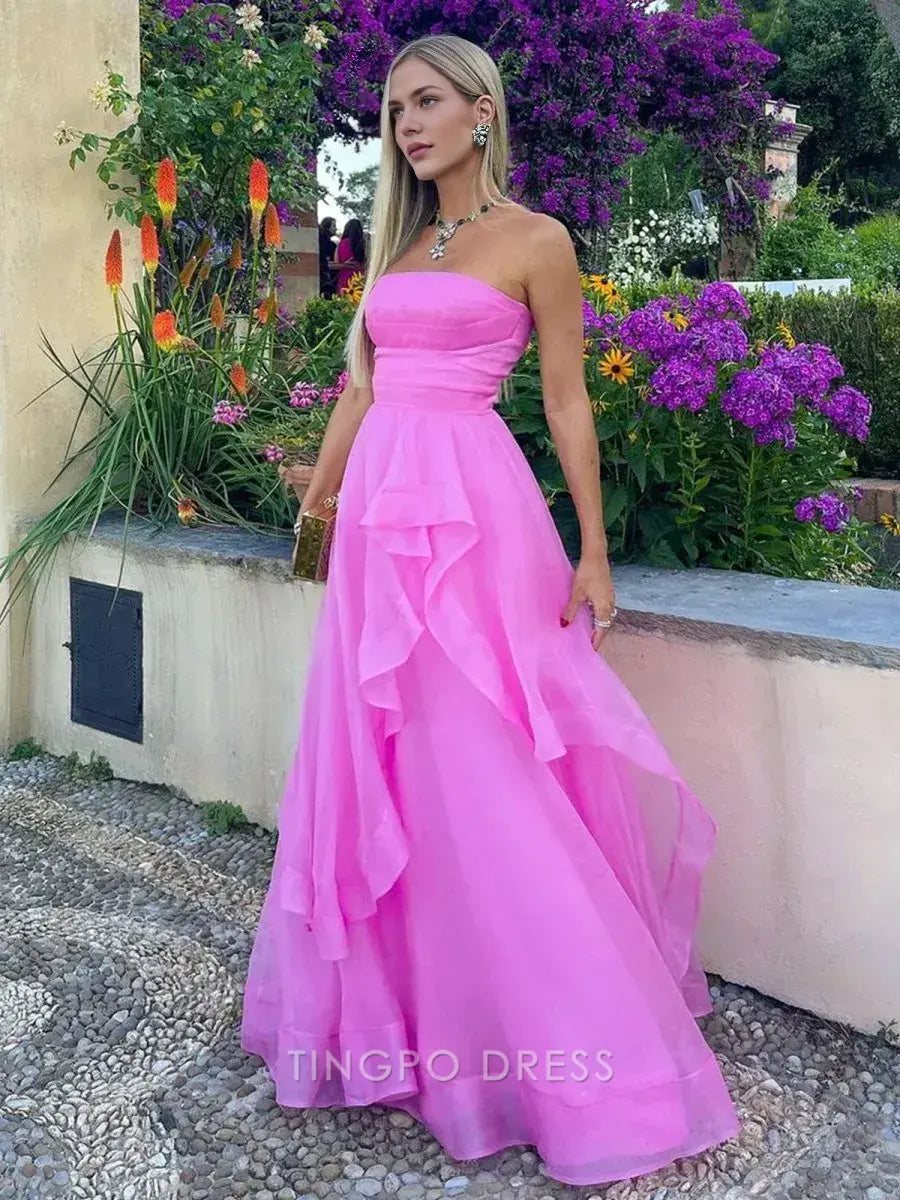 Elegant A Line Strapless Sleeveless Organza Floor-Length Prom Dress